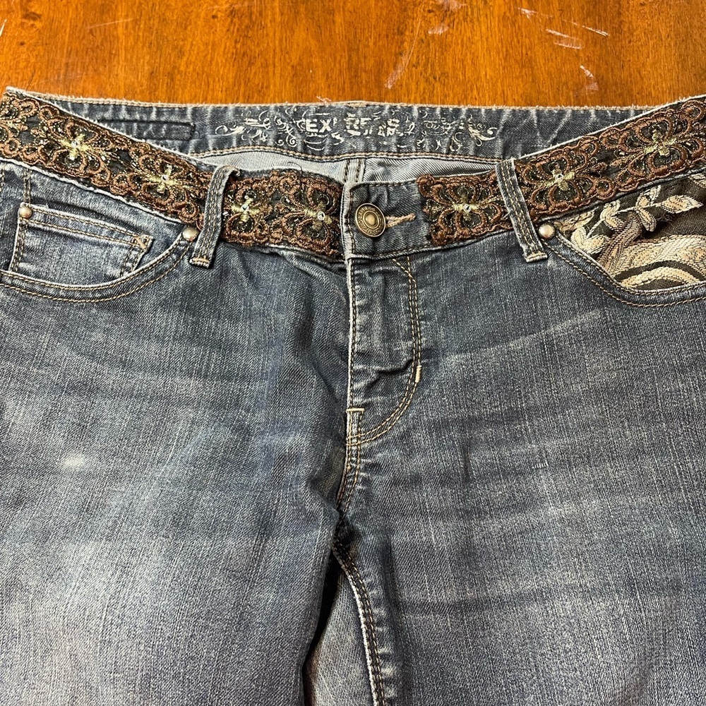 Upcycled Low Rise Wide Leg Bell Bottom Jeans Hippie Boho Floral 32 x 33​​​ - Picture 8 of 14
